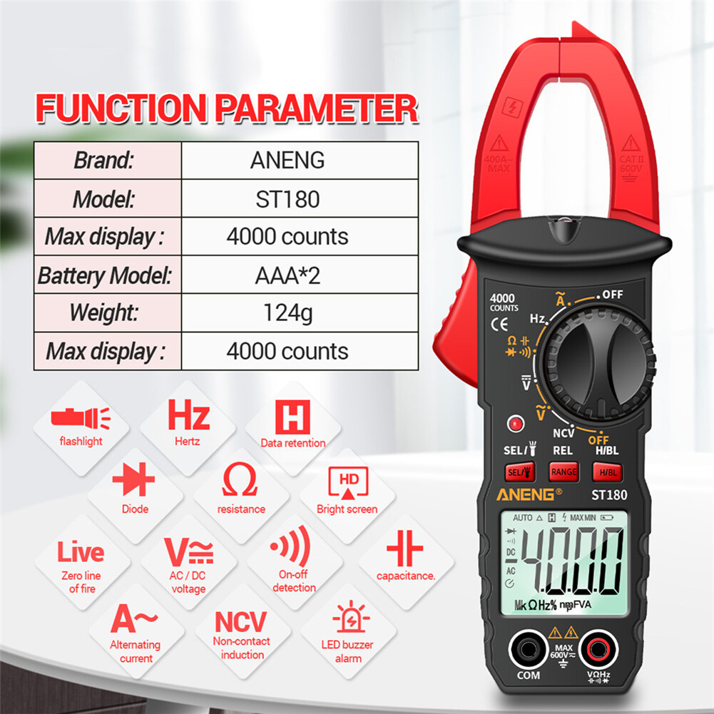 ST180 4000 Counts Digital Current Clamp Meter AC Ohm NCV Multimeter Tester