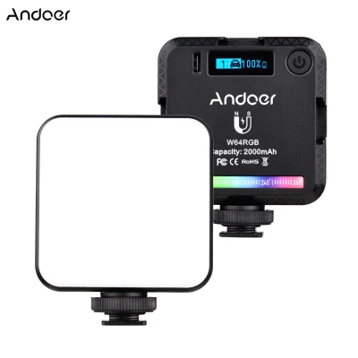 Andoer W64RGB Mini RGB LED Video Light Rechargeable Photography Fill Light CRI95+ 2500K-9000K Dimmable 20 Lighting Effects with LCD Display 3 Cold Shoe Mounts Magnetic Backside