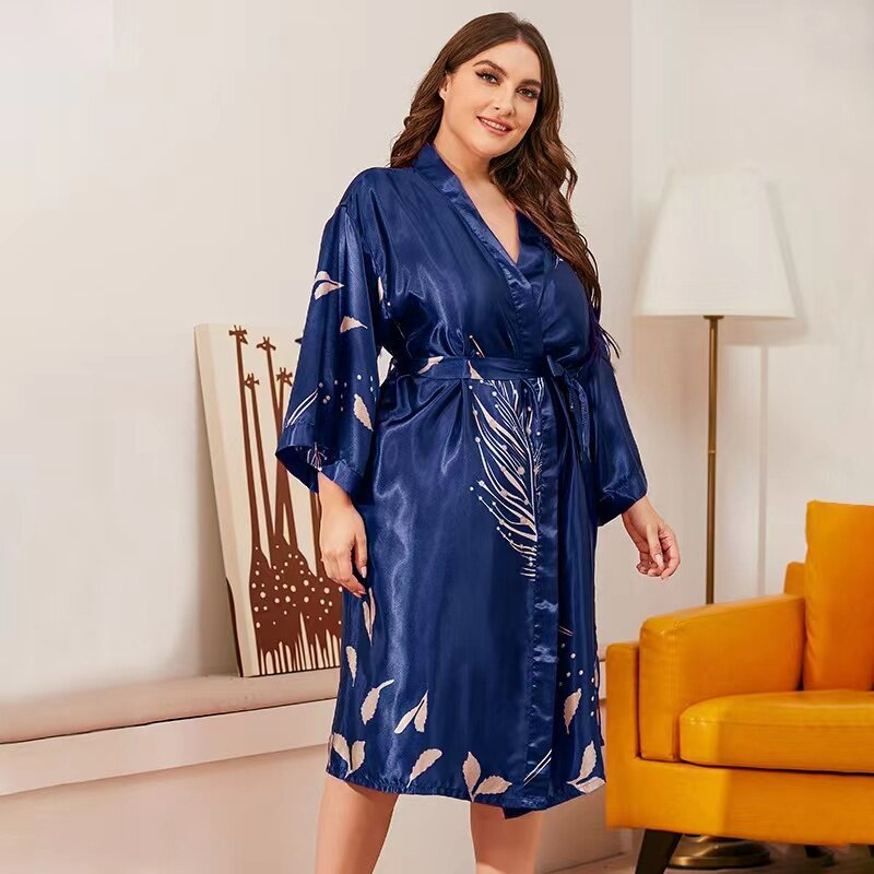 Plus Size Silk Satin Sleep Robe Women Pajamas Bath Robe Sleepwear Elegant Nightwear Underwear
