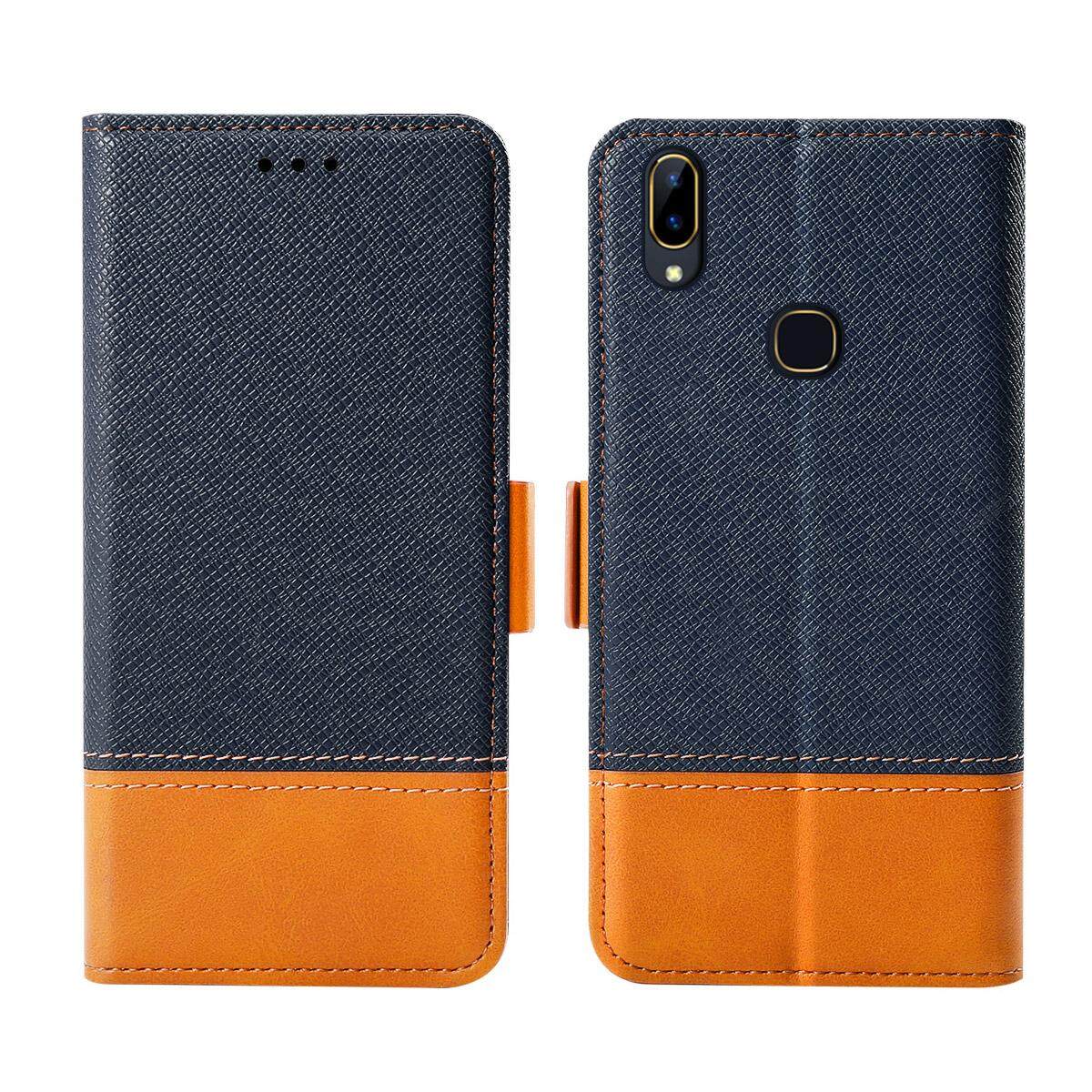 Happon Pelindung untuk Vivo Y89 Case Kontras Warna Seri PU Kulit Flip Berdiri Penutup Casing Dompet dengan Tempat Kartu Coklat
