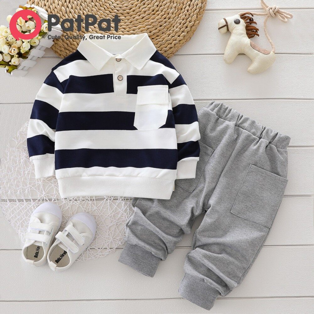 PatPat 2-piece Toddler Boy Clothes Sets Stripe Polo Shirt and Grey Pants Set
