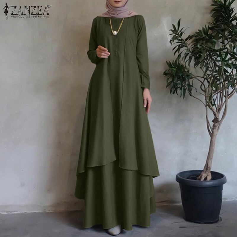 ZANZEA Muslimah Women Muslim Long Sleeve Morocco Double Layer Plain Long Maxi Dress