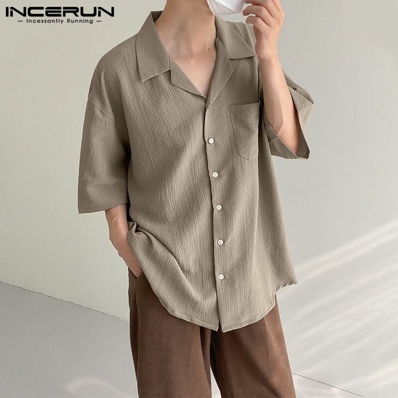 Medussa INCERUN Men's Turn-Down-Collar Solid Tops Simple Loose Button Down Shirts (Korean Style)