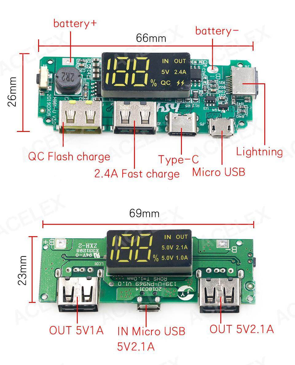 LED Dual USB 5V 2.4A 2A 1A Micro/Type-C USB 18650 Charging Module Lithium Battery Charger Board Circuit Protection