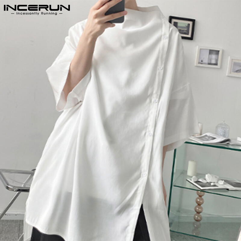 Incerun mens short sleeve high neck t shirts plain blank tee button hem tops