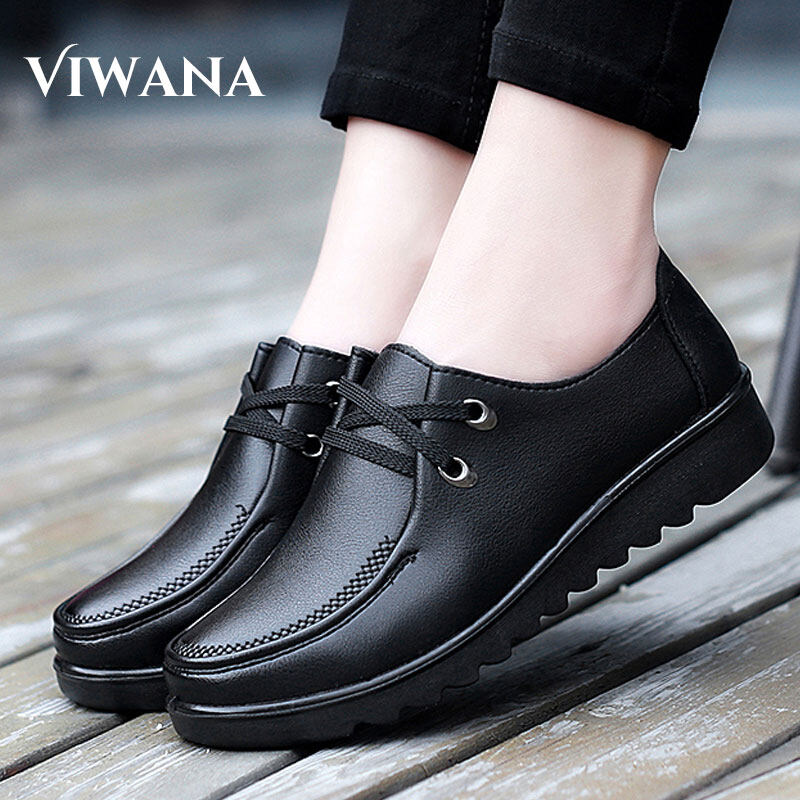 Viwana Women Shoes Korean Style Leather Lace Up Flat Shoes For Women Plus Size 41 Black Casual 8921