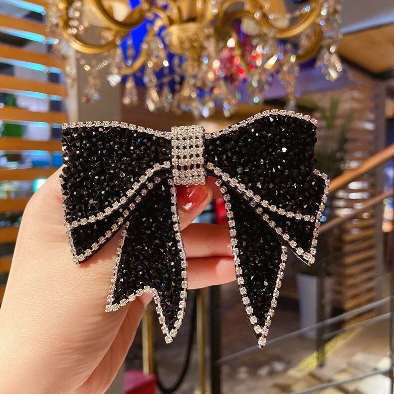 Korean Good Quality Black Crystal Big Bow Hairgrips Hair Clips For Women Shiny Crystal Hairpins