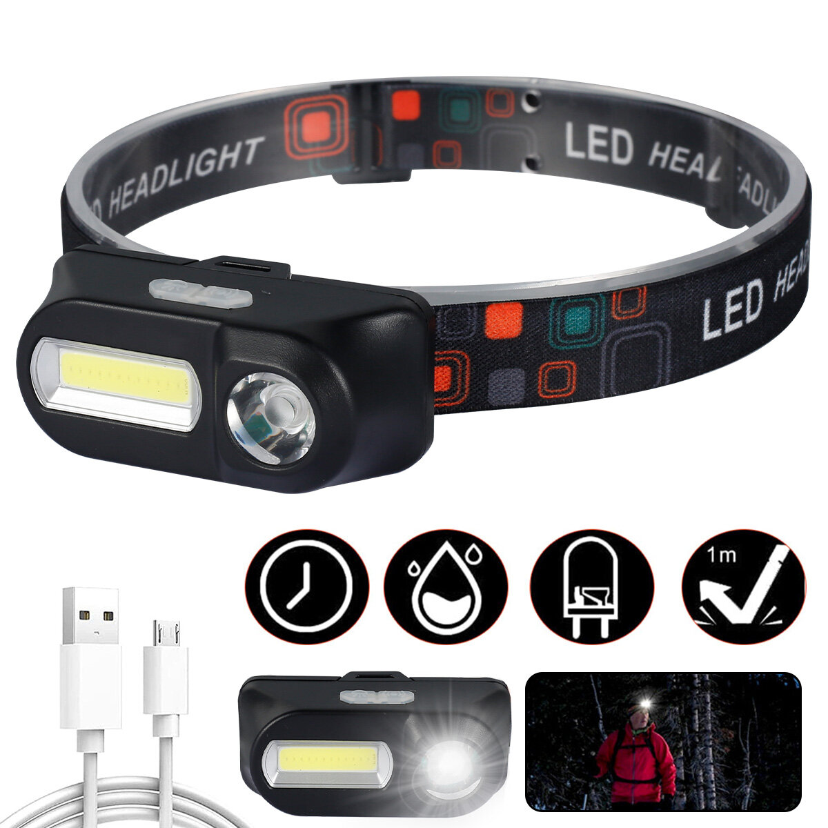 ERANPO 6000lumens Led Headlamp 6 modes XPE+COB Headlight Head Torch Flashlight Head lamp 18650 Rechargeable for Fishing Camping