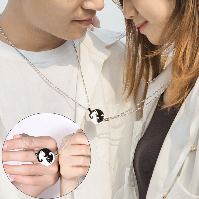 2 Pieces Yin Yang Cat Couple Necklaces Stainless Steel Animal Pendant Necklace Heart Couples Friendship Jewelry for Lovers Best Friends