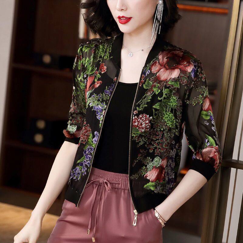 Plus Size Women Thin Chiffon Printed Jacket Casual Baseball Coat