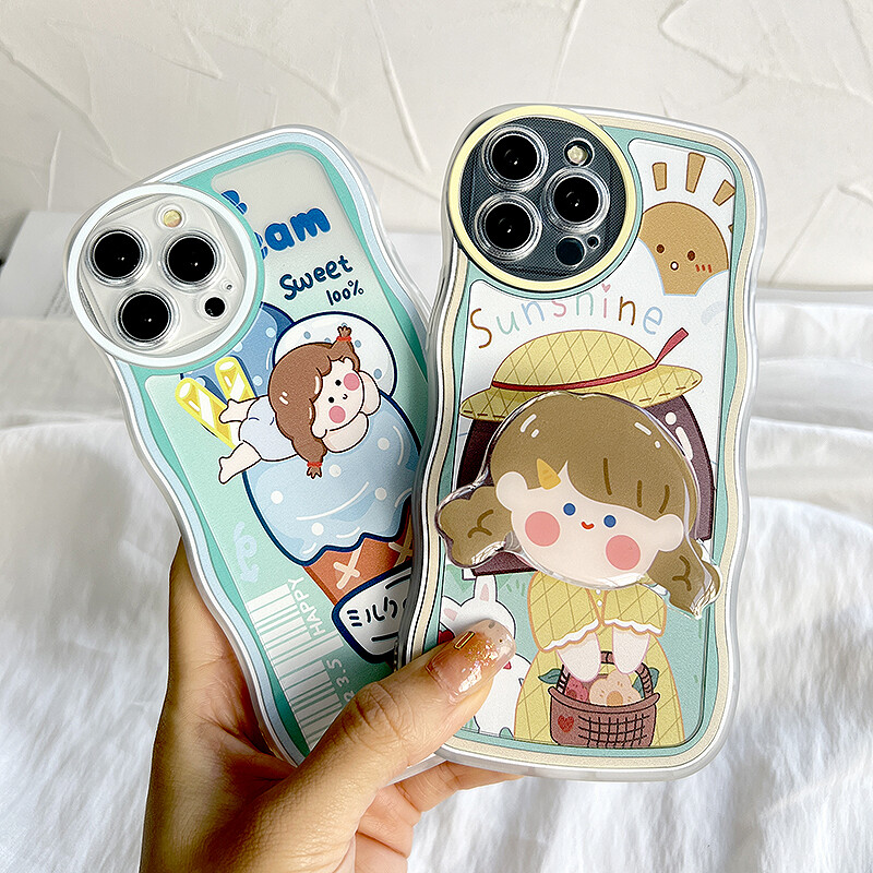 UCUC (Free 8D Holder) Phone Case For iPhone 13 Pro Max 13 mini iPhone 11 Pro Max iPhone 14 Pro Max 14 Plus iPhone 12 Pro Max 12 mini iPhone11pro Casing For Girls Soft Wavy Case Cartoon Girl Shockproof Casing
