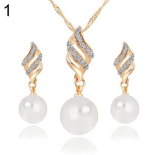 Gravitational wave Women Faux Pearl Spiral Rhinestone Wedding Bridal Necklace Earrings Jewelry Set