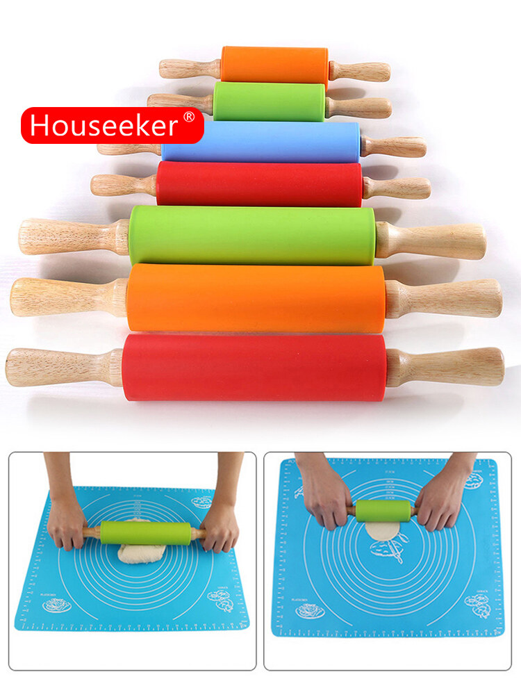 Houseeker Non-Stick Wooden Handle Silicone Rolling Pin For Pasta Cookie Dough Pastry Bakery Noodle Baking Tool