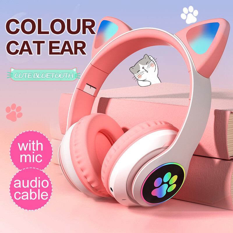 Cute cat ear Bluetooth 5.0 headphone Pink pulple foldable over ear Headphones Wireless Gaming Headset with mic microphone LED light for girls kids computer pc mobile phone ipad tablet Game