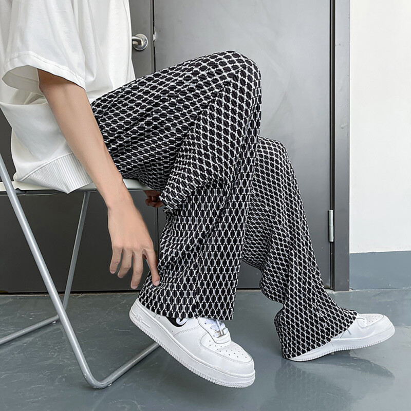 BS Men Plaid Printing Pants Ice Silk Quick-drying Breathable Trousers Summer Trendy Wide-leg Pants