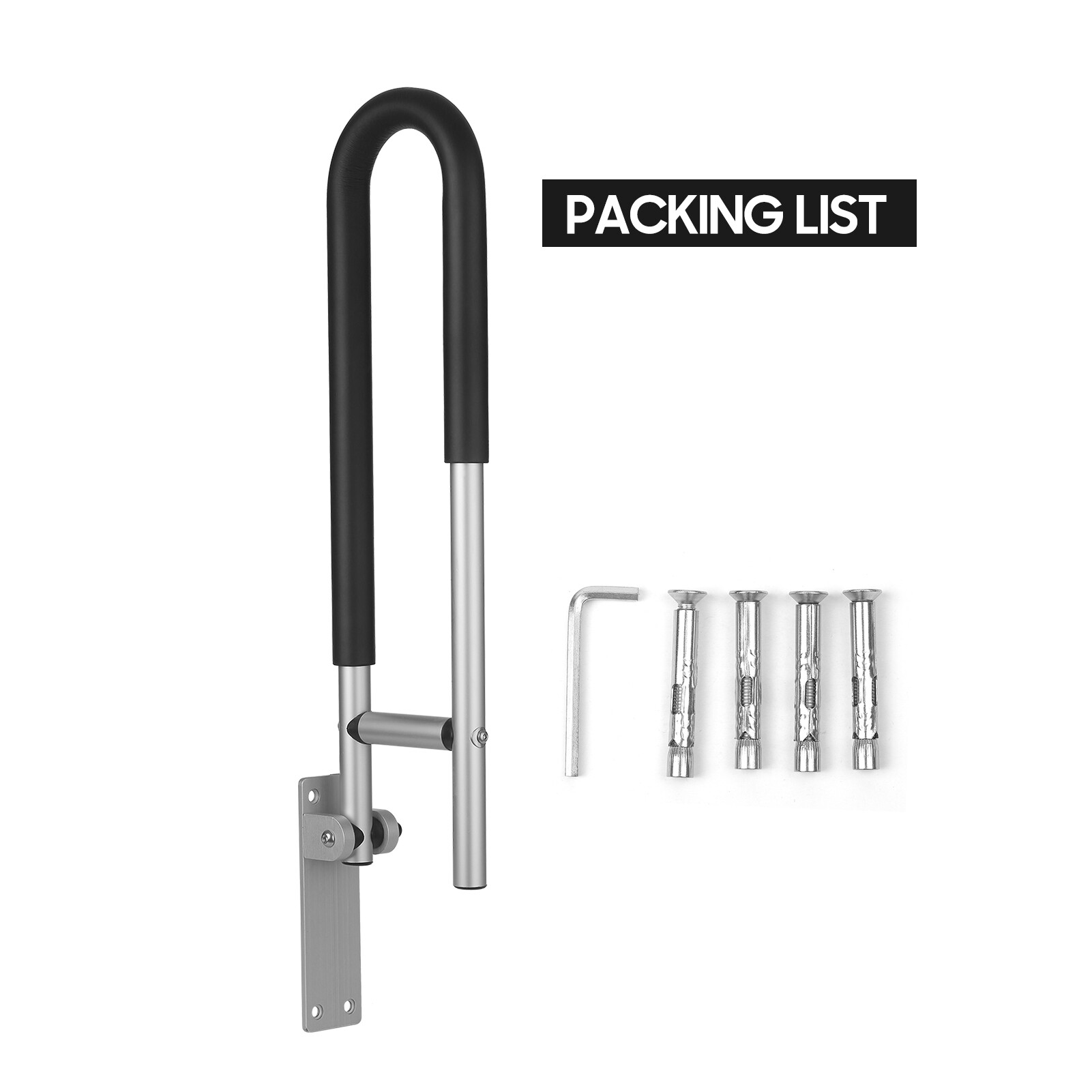 Smart Sensor Aluminum Alloy Handrail for Toilet Anti-Fall / Anti-Slip Bathroom Handrail Flip-Up Safety Handrail Screw-In Safety Grab Bar Handle Home Health Care Equipment for Elderly Disabled (with Black Sponge Cover)