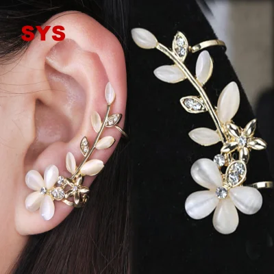 SYS 1 Pair Flower Shape Rhinestone Left Ear Cuff Clip Golden Earring Studs