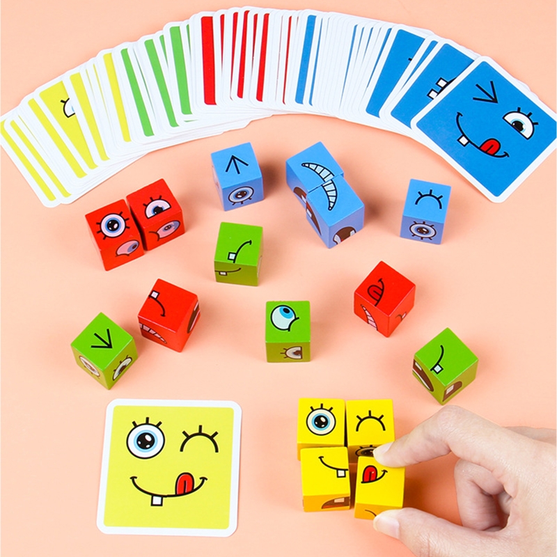 Khối Xếp Hình Biểu Cảm Bằng Gỗ Khối Xây Dựng Đồ Chơi Giáo Dục Montessori Thay Đổi Khuôn Mặt Ma Thuật