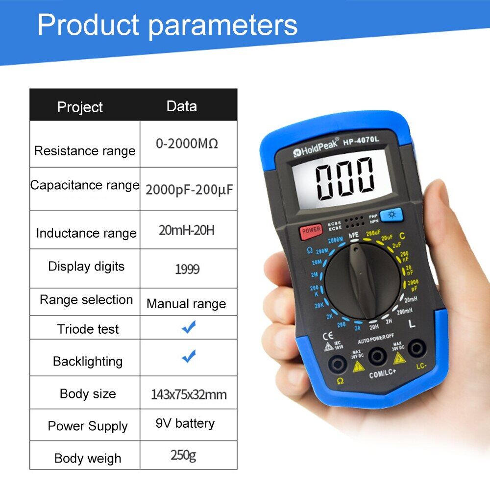 diymore Đồng Hồ Vạn Năng Kỹ Thuật Số Thông Minh HP-4070L Đồng Hồ Đo Điện Dung Tự Động True RMS Máy Kiểm Tra Bóng Bán Dẫn Điện Trở Điện Áp AC/DC Dụng Cụ Thợ Điện