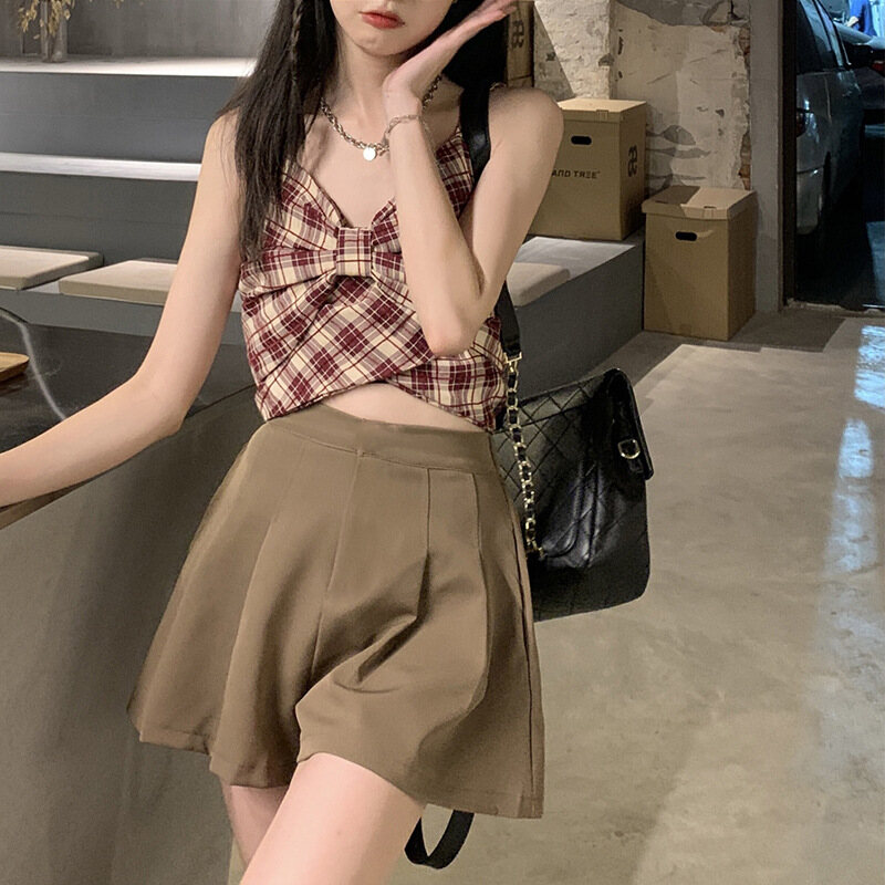 IELGY Fashion Suit Women's Checkered Bowknot Sling Top + High Waist Wide Leg Shorts Sweet and Spicy Two-piece Set