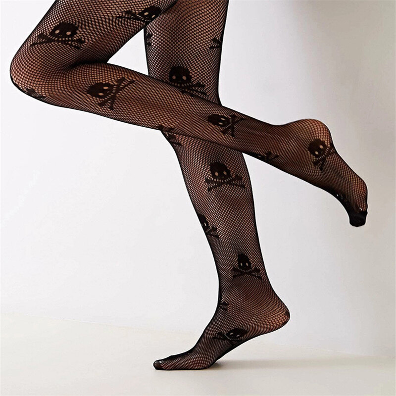 [Lady Sugar]  1 Pair Sexy Tights Women Halloween Skull Knee High Stockings Mesh Nets Fishnet Stockings for Women Pantyhose for Ladies Gift