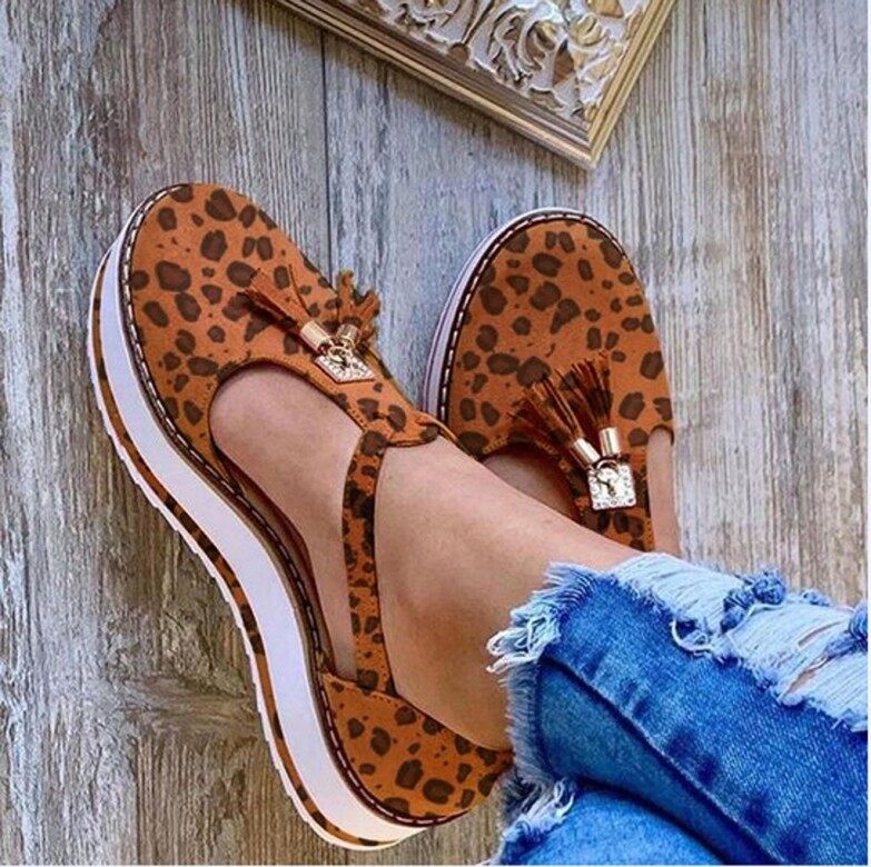 Giày Cao Gót Đế Bệt Cho Nữ Auburyshop, Giày Đi Biển Họa Tiết Da Báo Đế Dày Có Tua Rua Thường Ngày giá rẻ