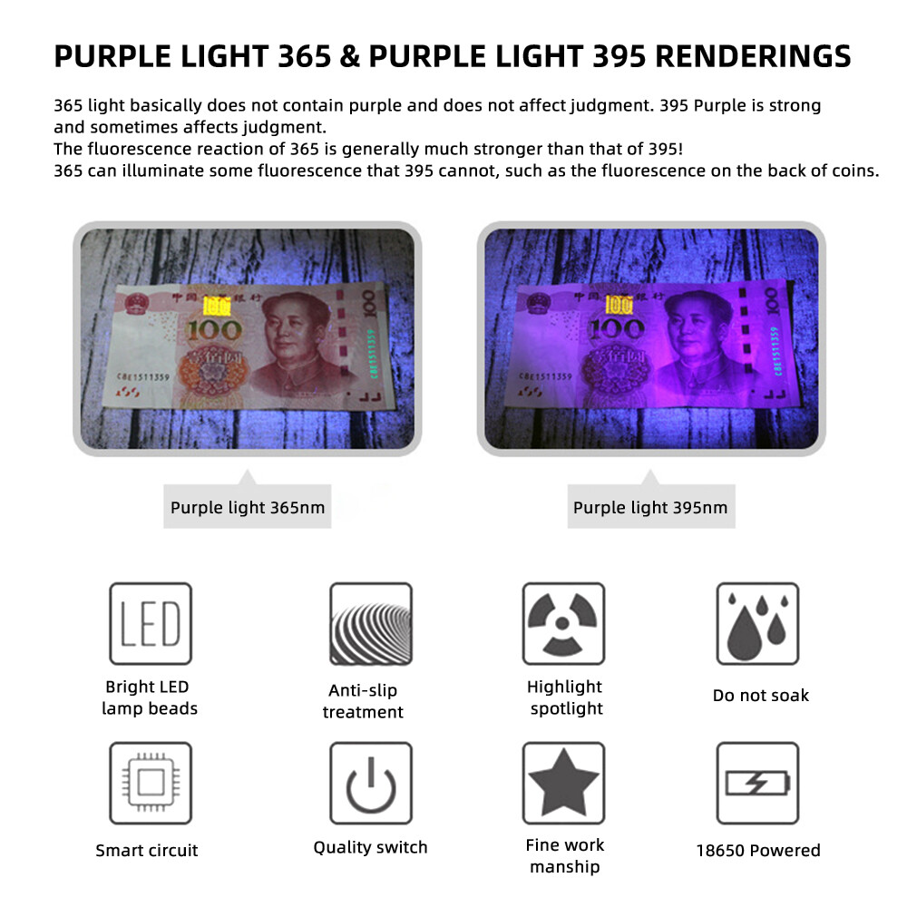 Original White/yellow/365nm ultraviolet flashlight 3 light source gemstone identification Torch rechargable UV lights lamp+18650+charger
