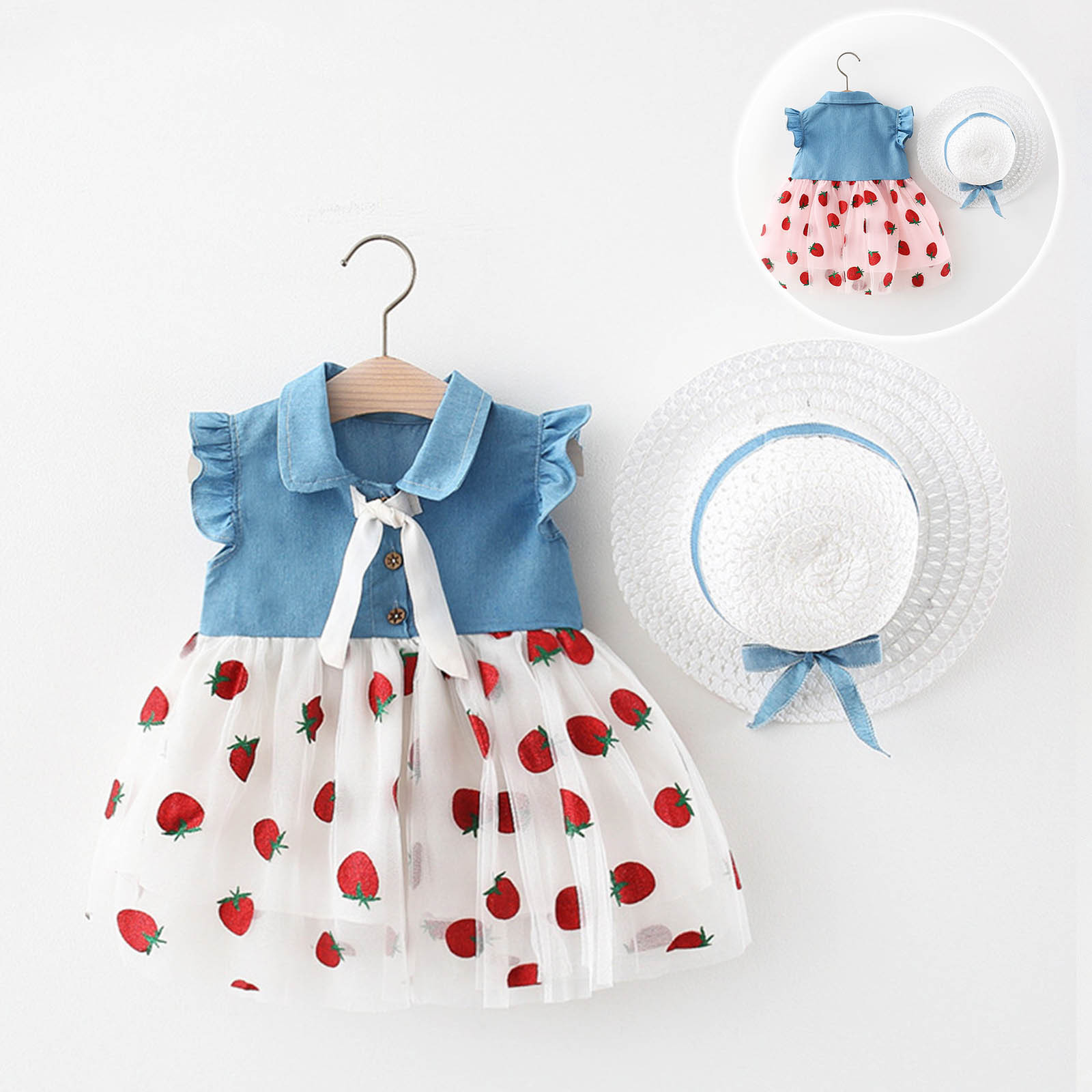 Baby Girls White Heart Embroidered Vintage Medium Blue Washed Loose Straight Leg Denim | 6M - 3Y main image 0