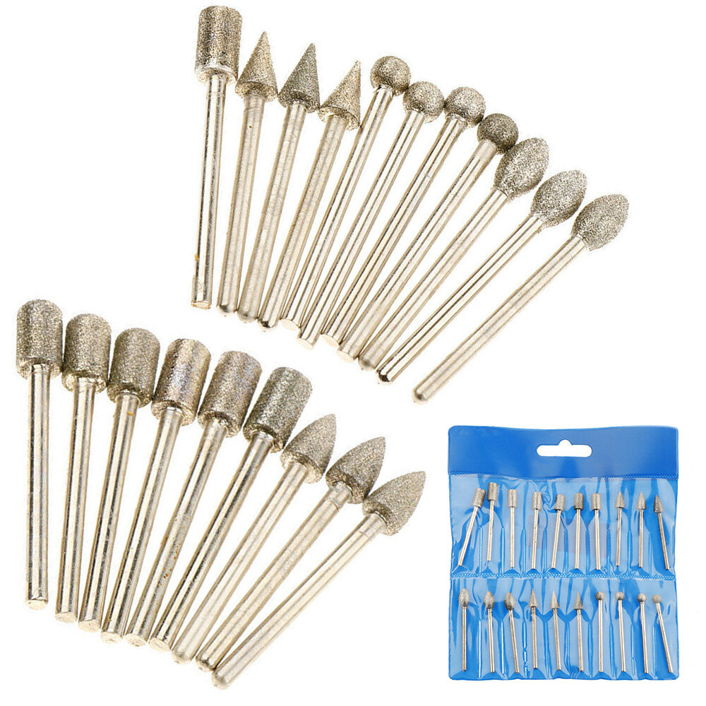 BilingBling 20 pcs practical Grinding Head Grit Diamond Burr Set Drill Bits Set for Dremel Rotary Tools for plastic wood glass metal ceramics tile marble granite stone
