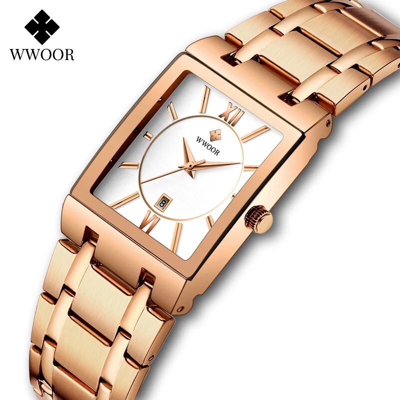 WWOOR Top Luxury Men Wristwatch Fashion Square Male Gold Black Casual Watches Japanese Quartz Watch Stainless Steel Bracelet With Calendar