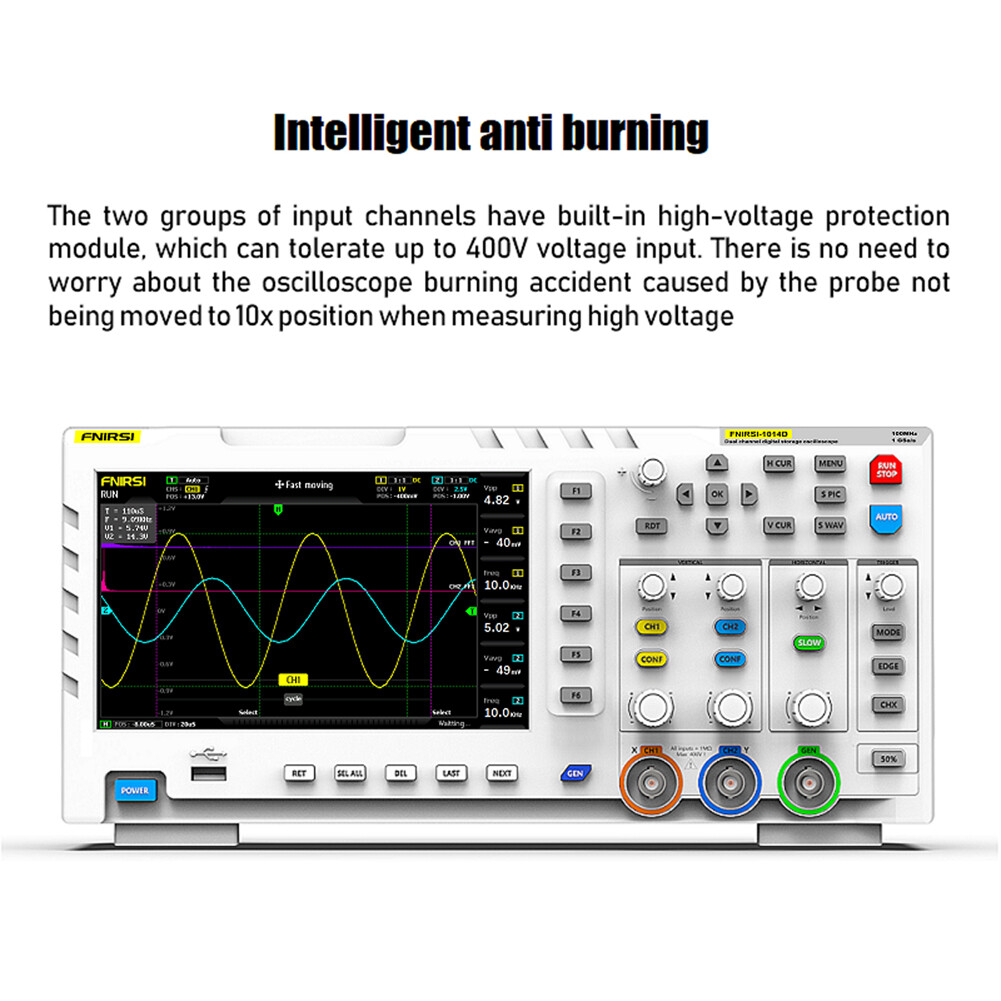 SMART SENSOR-1014D Portable 7 Inch TFT LCD Display Screen Two In One Dual Channel Input Signal Generator Desktop Oscilloscope Capture Output Signal Function 100MHz* 2 Ana-log Bandwidth 1GSa/s Sampling Rate 1GB Storage Space Multifunction Oscilloscope