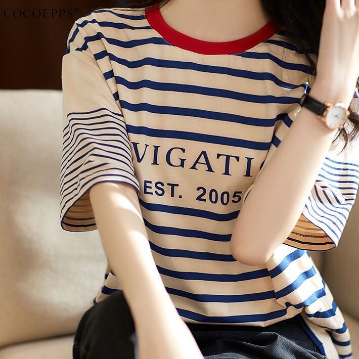 COCOEPPS 2023 Summer New Letter Print Short-sleeved Striped T-shirt Female Korean Style Loose Slim Women's Top
