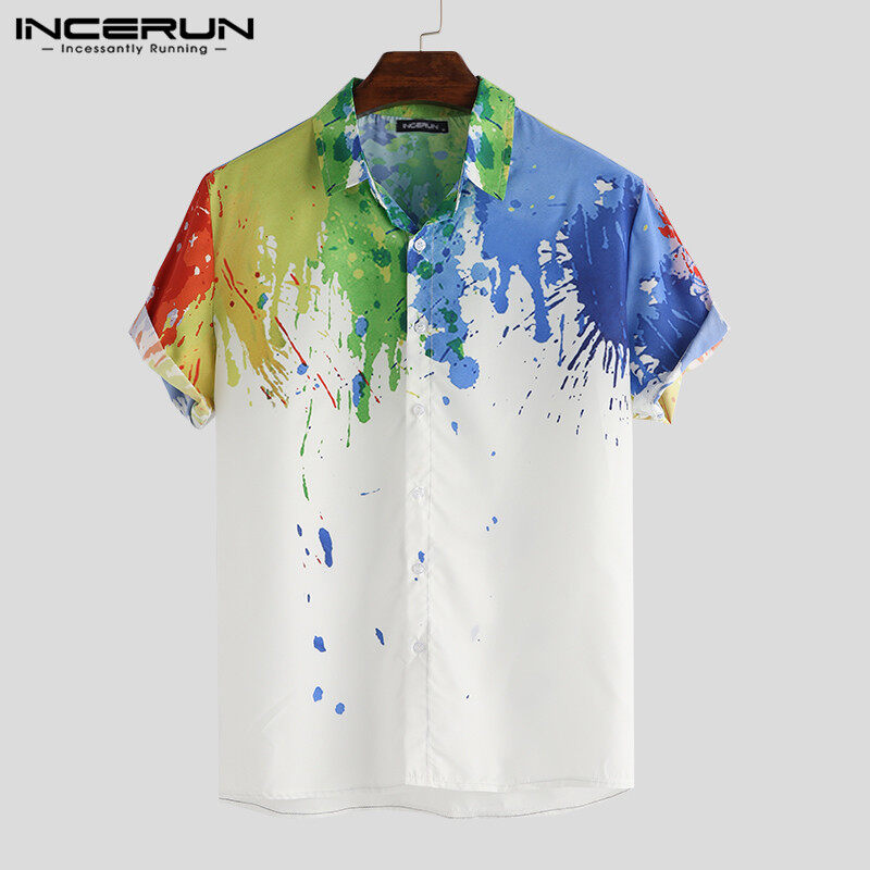 Medussa INCERUN Men Printed Colorful Shirt Casual Short Sleeve Button Top