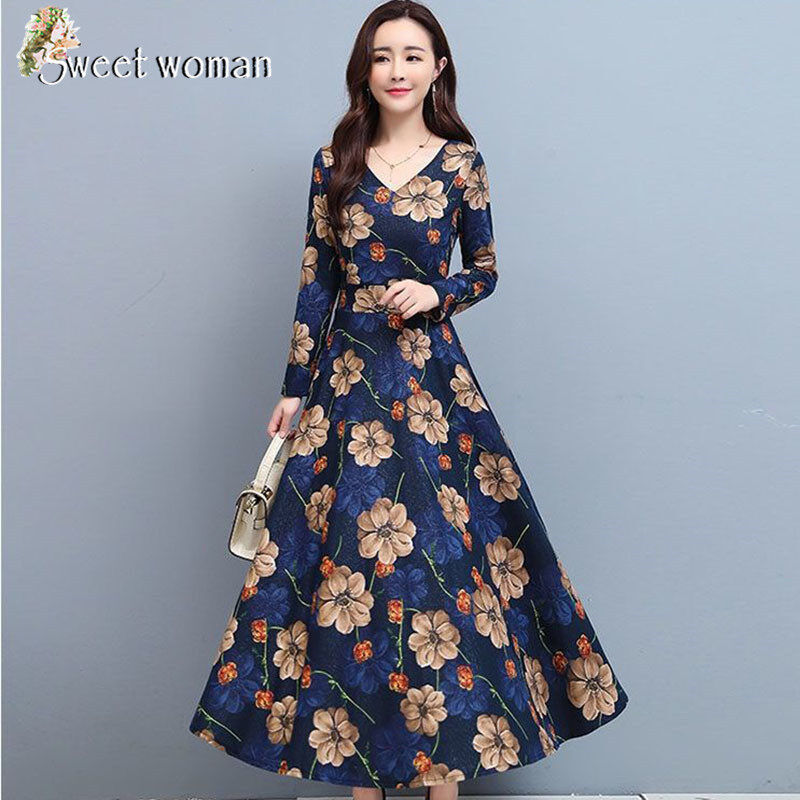 【SW】Autumn and winter long sleeve waist waist fashion big flower dress female long skirt