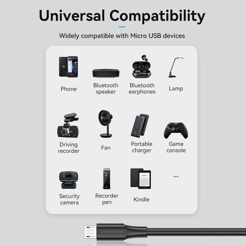 Vention Cáp Micro USB Cáp Dữ Liệu USB Sạc Nhanh 3A 2M 3M Cho Điện Thoại Di Động Samsung Xiaomi Huawei Android Cáp Sạc USB