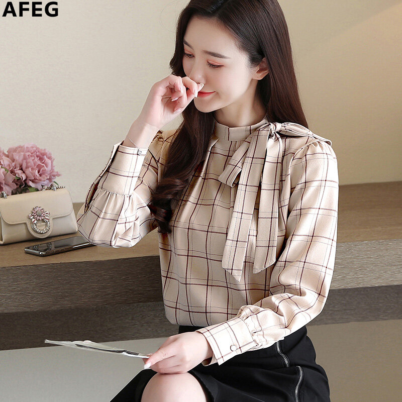 AFEG new Korean round neck tie bow tie fashion wild plaid long-sleeved blouse