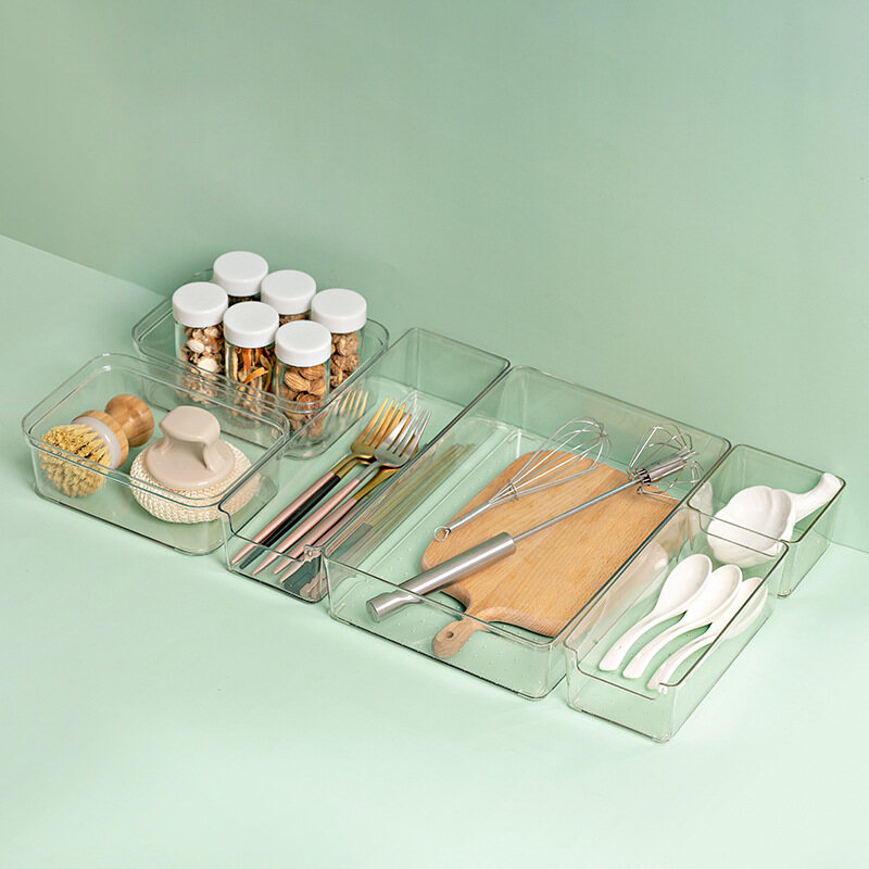 Houseeker Desktop Drawer Storage Box Stationery Divider Kitchen Tableware Organizer Small Box Transparent Plastic Divider Artifact
