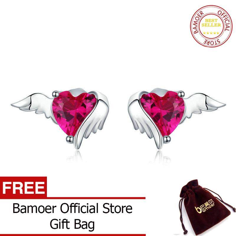 bamoer Red Heart Guardian Wing Silver Stud Earring Heart-shape CZ Ear Pin 925 Sterling Silver Wedding Luxury Jewelry SCE690