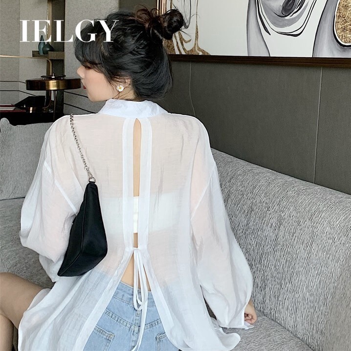 IELGY summer new long-sleeved sunscreen shirt loose casual back strap tops long shirt women