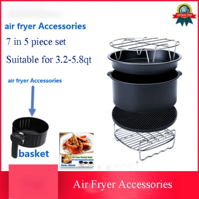 7 inch Air fryer accessories 6 or 7 Inch 8 Pcs Set Universal 7 inch baking basket grill and pizza tray for 7 in 5 pieces 3.5 QT-5.8 Air fryer accessories BBQ Grill Pizza Tray Baking Pan Cake Barrel Pot