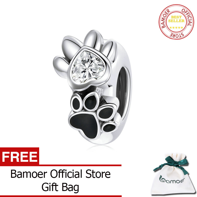 BAMOER 925 Sterling Silver Pet Paw Charm Bead Stopper Zircon Charm for Original Bracelet Bangle Women DIY Making Jewelry SCC1846