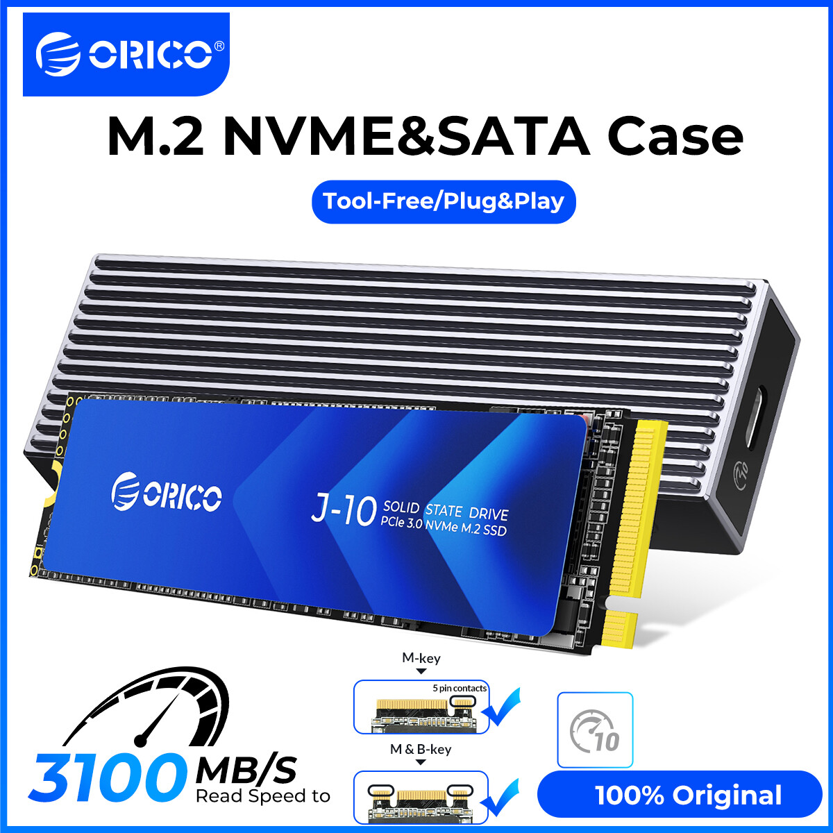 Vỏ Nhôm Vỏ Bọc ORICO NVME Và SATA M.2 Không Dụng Cụ, Giấc Ngủ Thông Minh 10 Phút, Ổ Cứng Thể Rắn PCI-E M-key 10Gbps USB C 3.2 Gen2 Type C Bộ Chuyển Đổi Gắn Ngoài Với Áo Làm Mát, vỏ SSD Với Cáp USB C Sang USB A/USB C 2 Trong 1 Hỗ Trợ UASP Trim