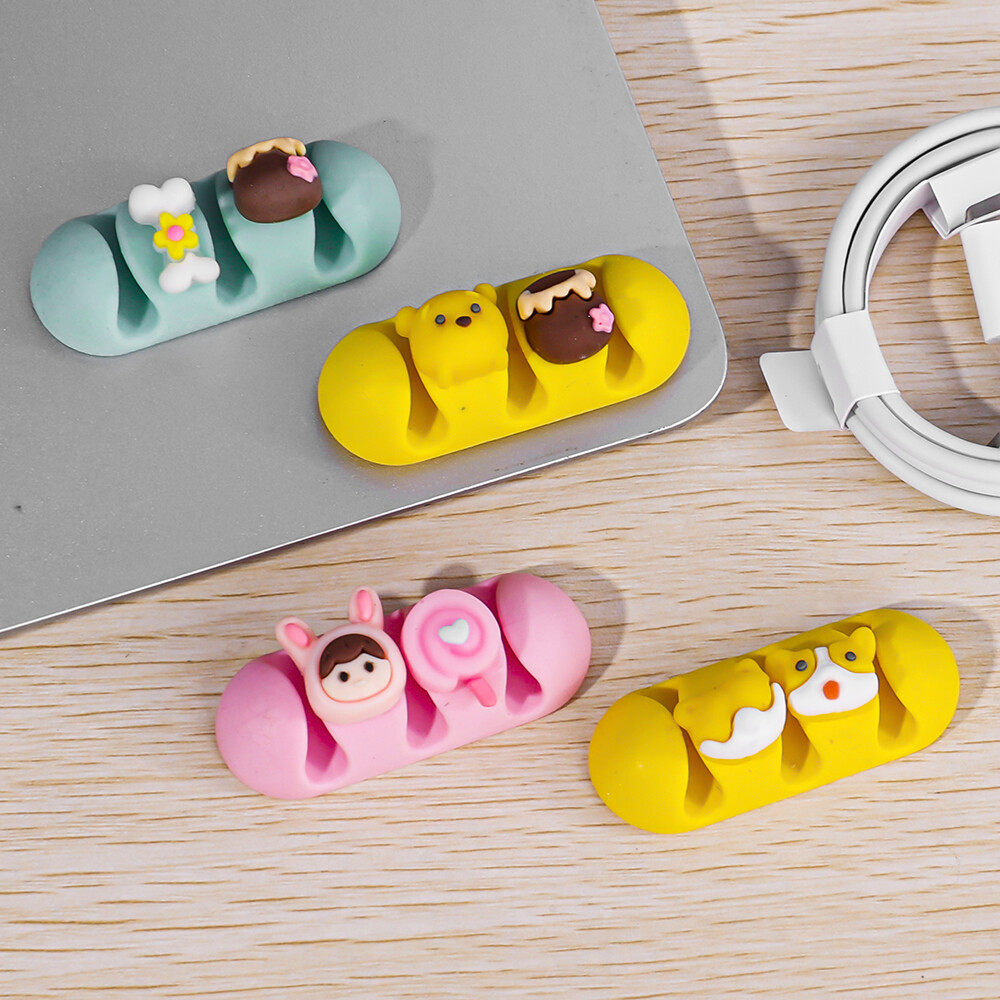 Cartoon Desktop Data Cable Manager Silicone Buckle Self-adhesive Wire Fixer Charging Cable Clip Buckle Winder Hub