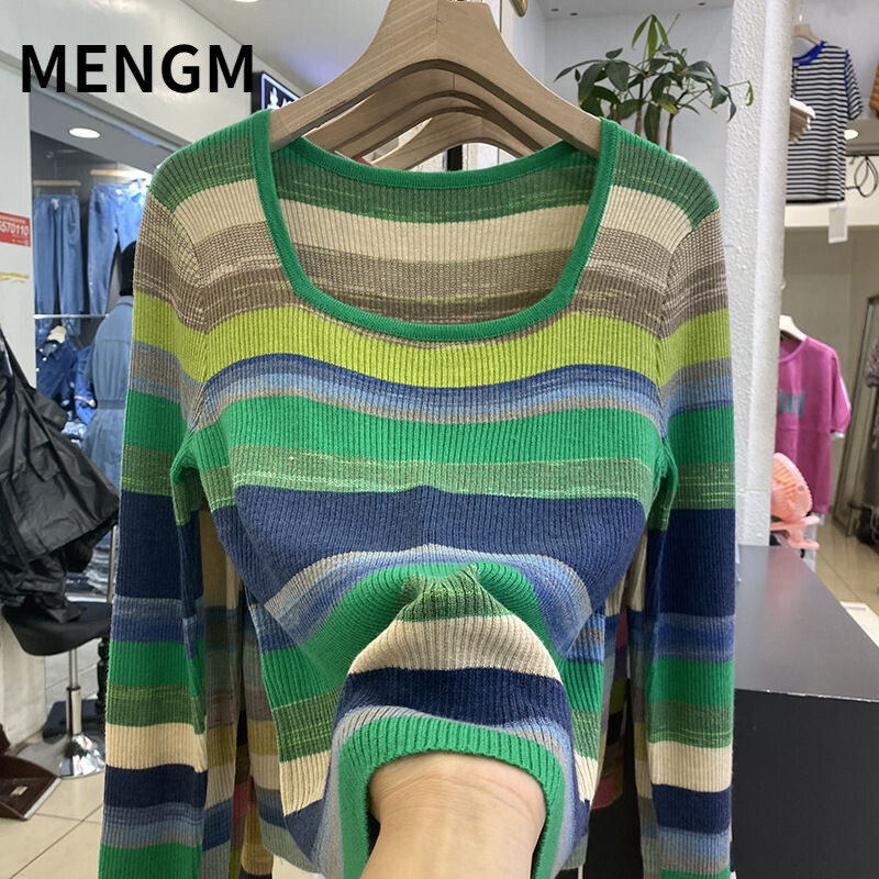 Korean Striped Long Sleeve 2023 New Design Contrast Color Square Neck Fashion Top