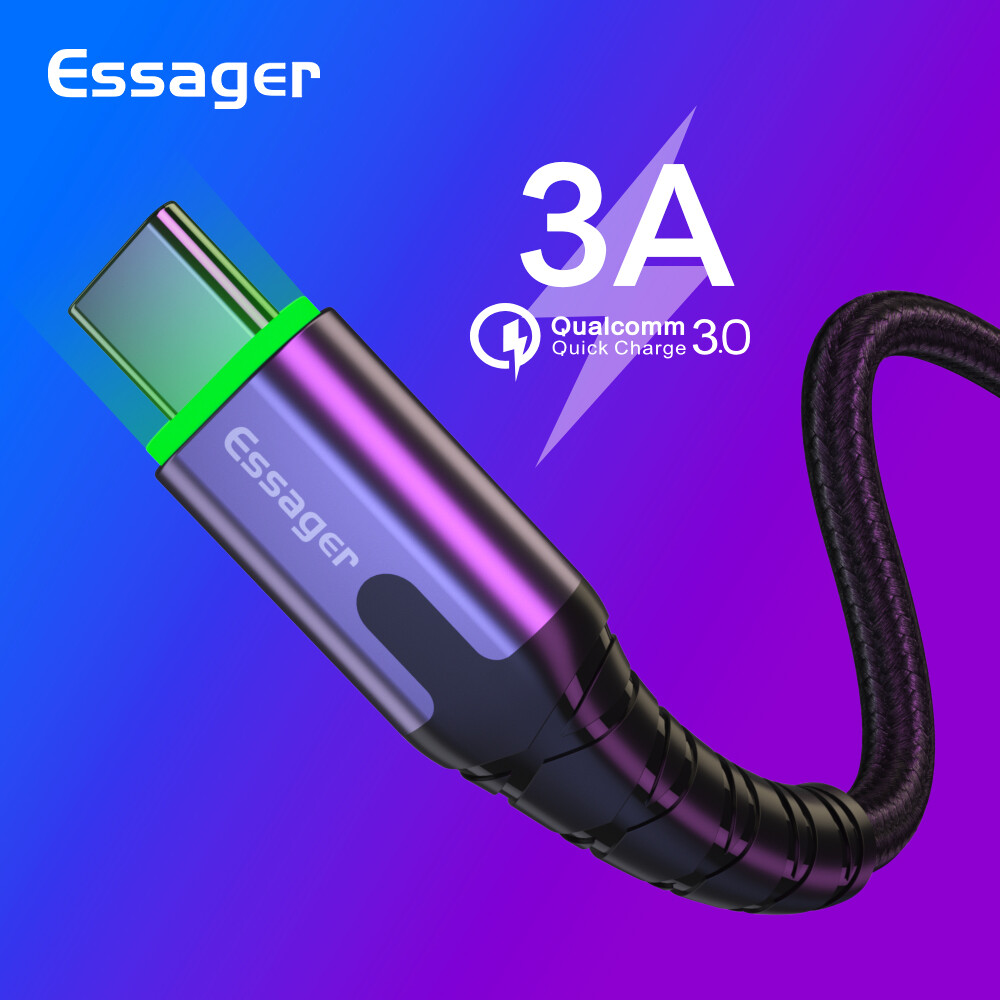 Essager Cáp USB Type-C LED Dây Dữ Liệu Sạc Nhanh Cáp Sạc USB Type-C Cho Samsung Xiaomi LG Mobile Dây Dữ Liệu Sạc 0.5M/1M/2M