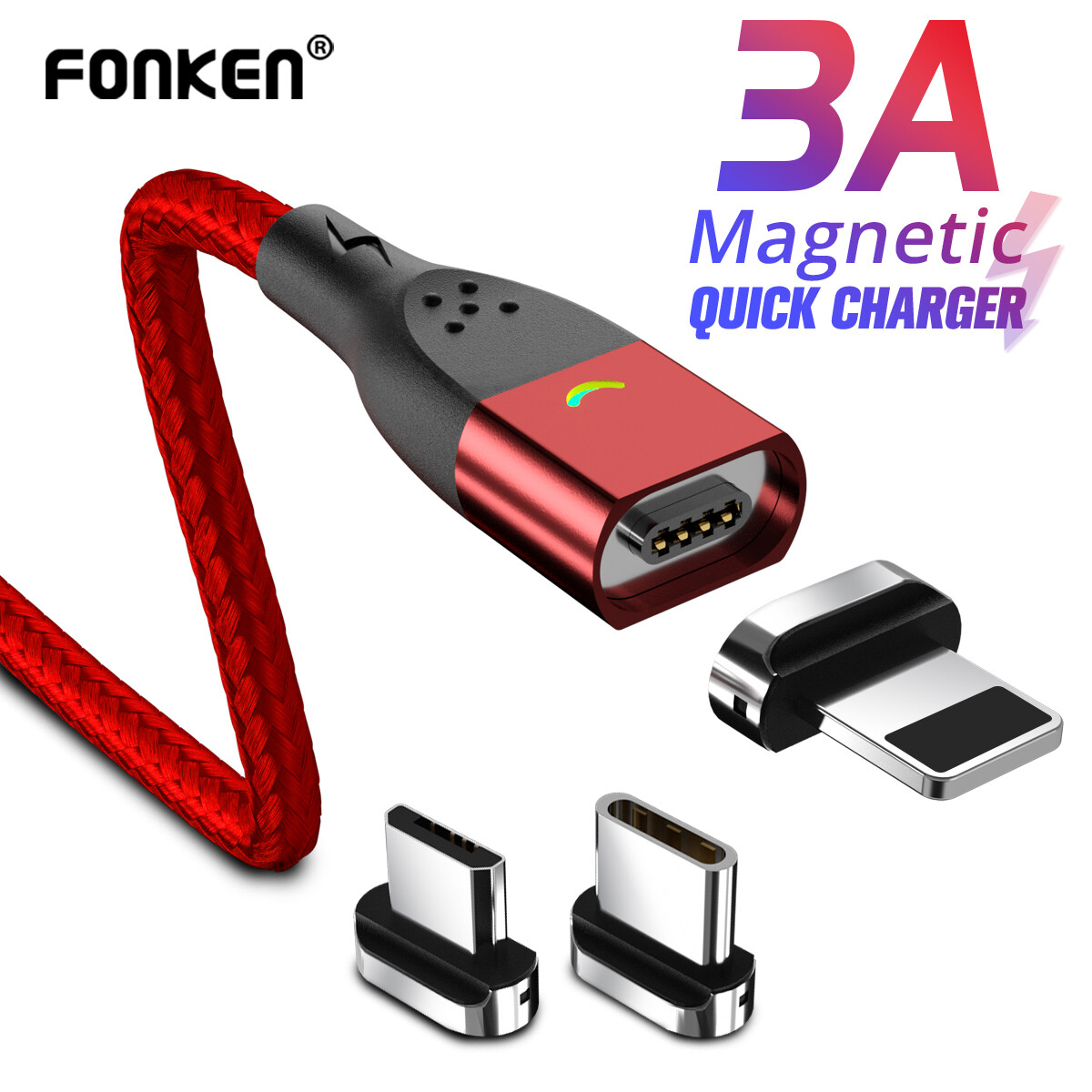 FONKEN 2M 3 in 1(Micro USB +Type C+For iPhone) Plug Magnetic Cable Sync Data Transfer QC3.0 Quick Charger Wire Magnet Fast Charging Mobile Phone