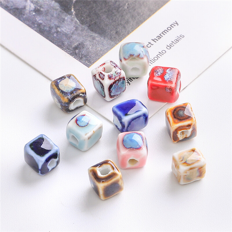 10pcs/Bag 7mm High Quality Unique Delicate Handmade Chinese Ceramic Porcelain Geometry Square Shape Beads Charm for Earring Necklace Bracelet DIY Jewerlry Craft Making Accessories