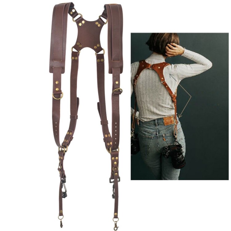 Quick Release Anti-Slip Dual Shoulder Leather Harness Camera Strap with Metal Hook for SLR / DSLR Cameras
