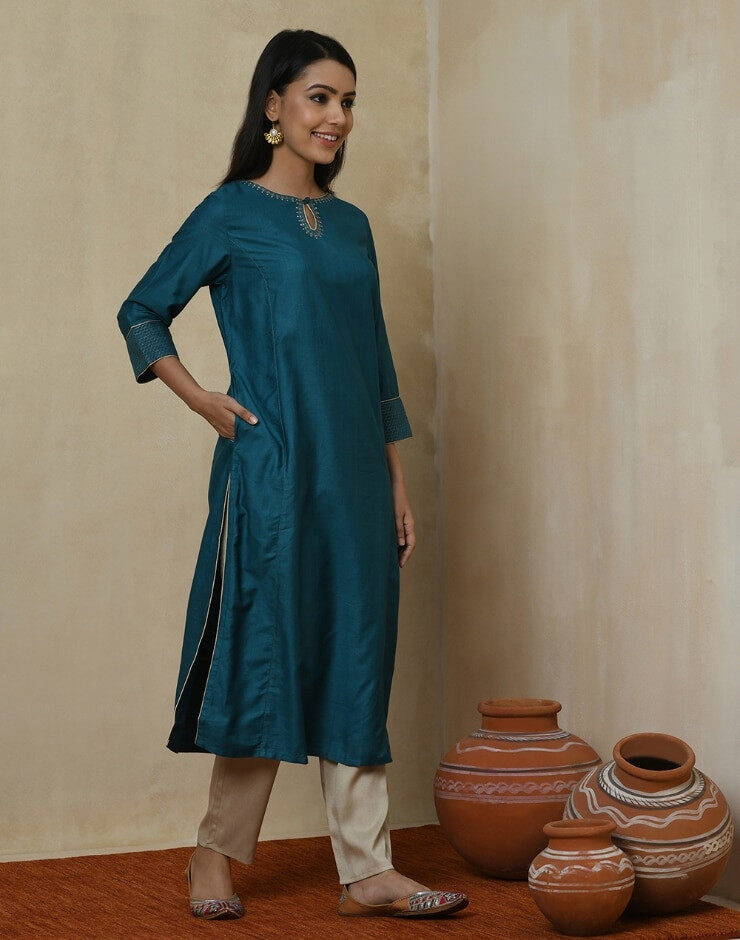 Turquoise Viscose Tussar Embroidered 