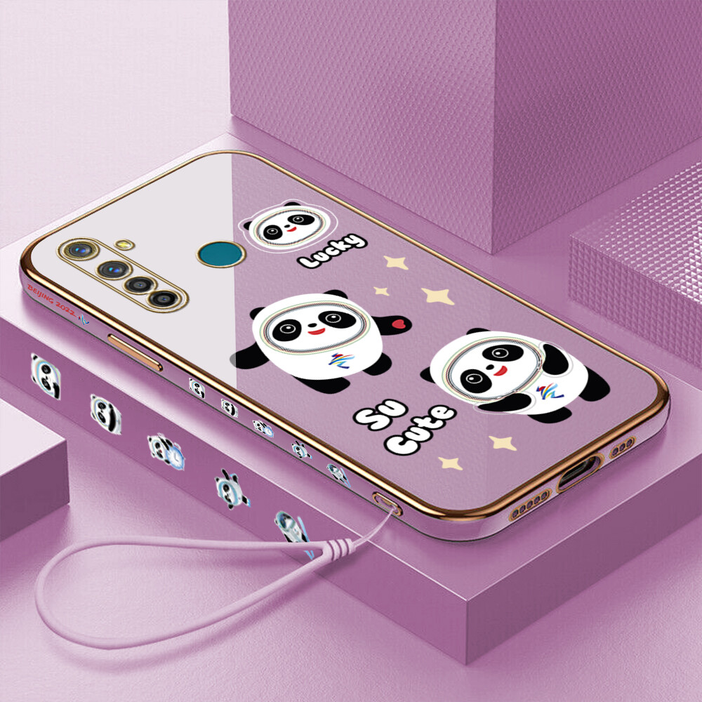 Casing For Realme 5 Pro Realme 5i 5 5S Realme 3 Pro Realme3 Phone Case（Free Lanyard）Luxury Shockproof Bing Dwen Bwen Square Edge Pattern Casing Plated Phone Shell Luxury Plating Soft Phone Case